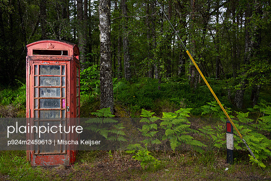 UK, Scotland, Abandoned red telephone booth in forest - p924m2459613 by Mischa Keijser